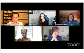 Screenshot of panellists speaking at webinar, 'Does development curb or drive migration? Implications for policymaking.'