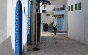 Cobblestone backstreets of Kairouan, Tunisia.
