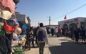 People visiting stands at on market day in Tunisia.