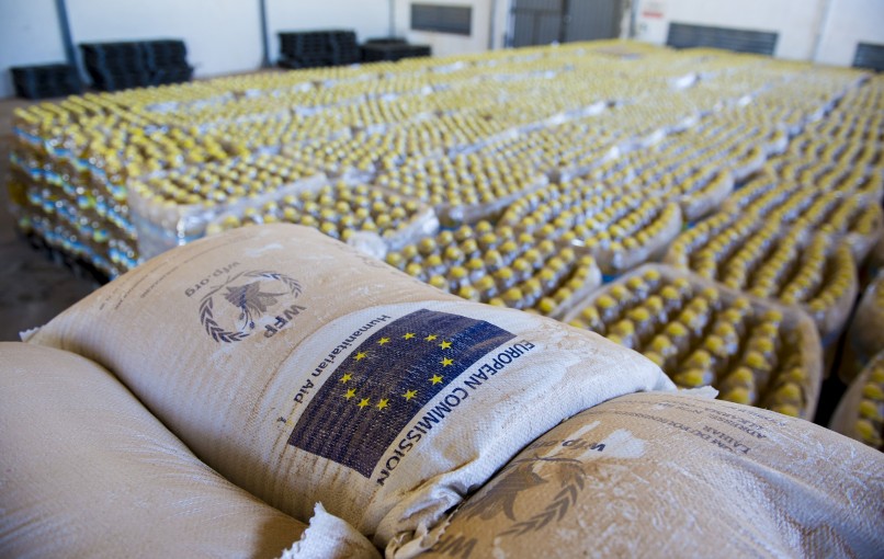 World Food Programme warehouse containing rice, cereal, pulses, and cooking oil 