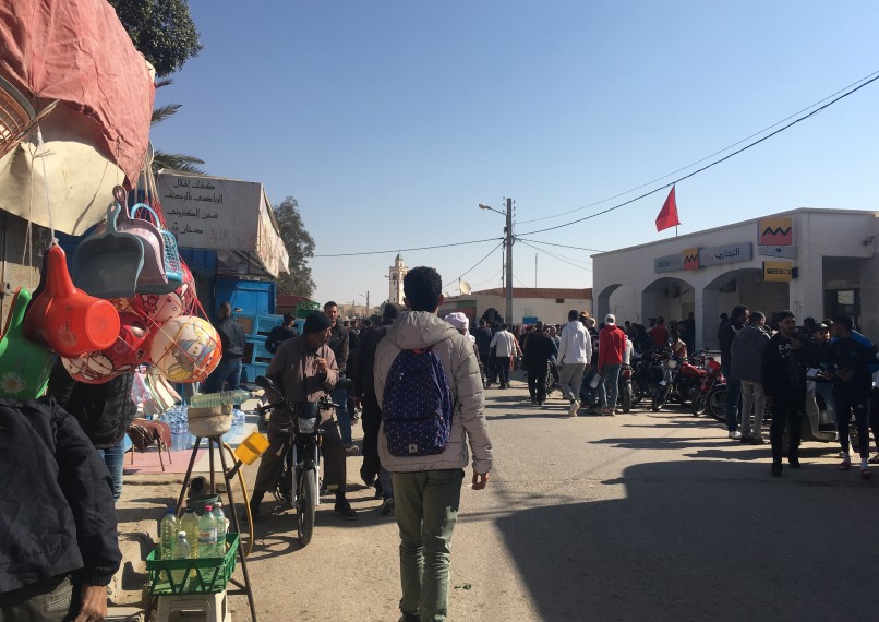 People visiting stands at on market day in Tunisia.